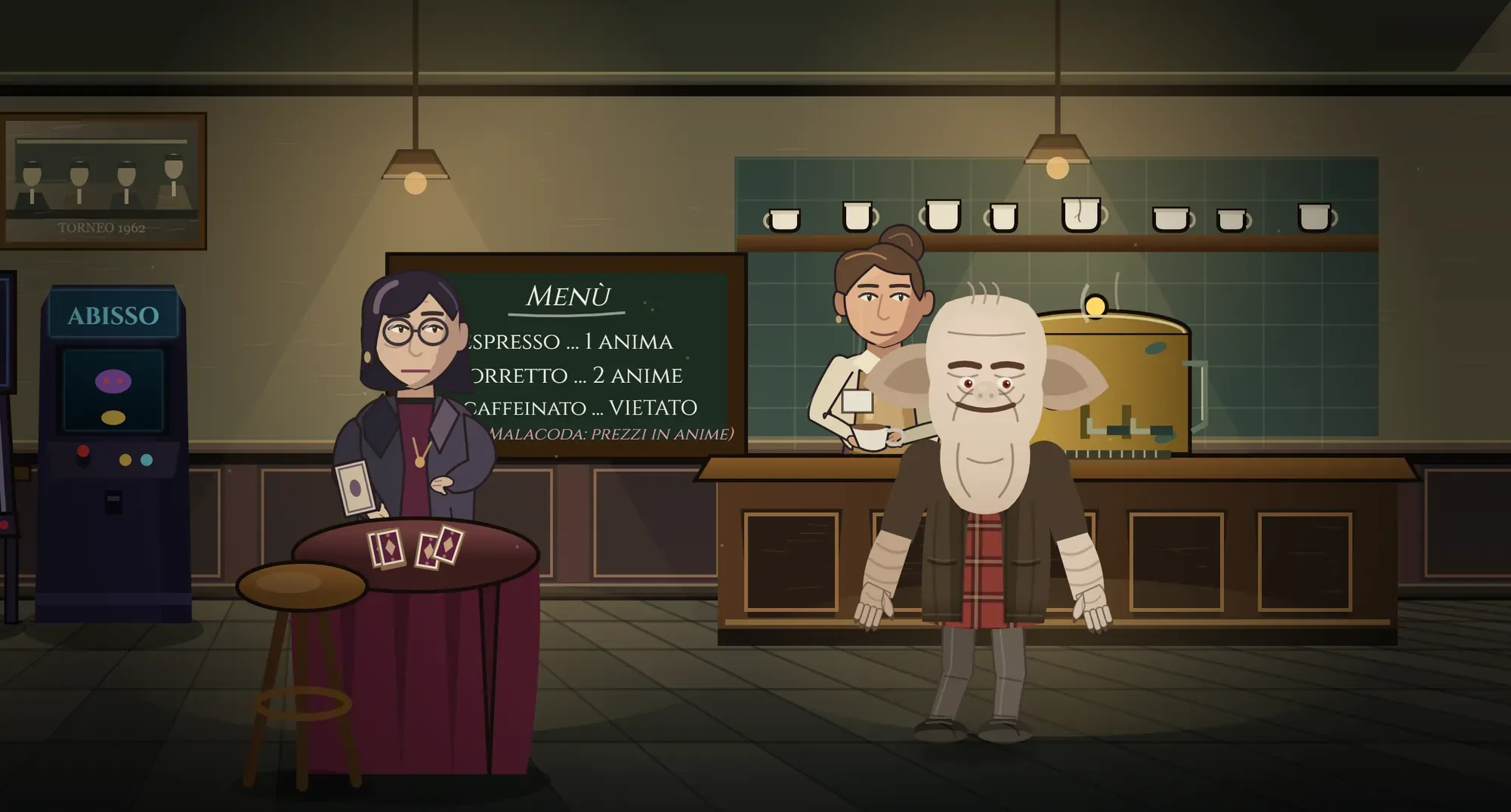 The Vapore café, its menu listing prices in souls