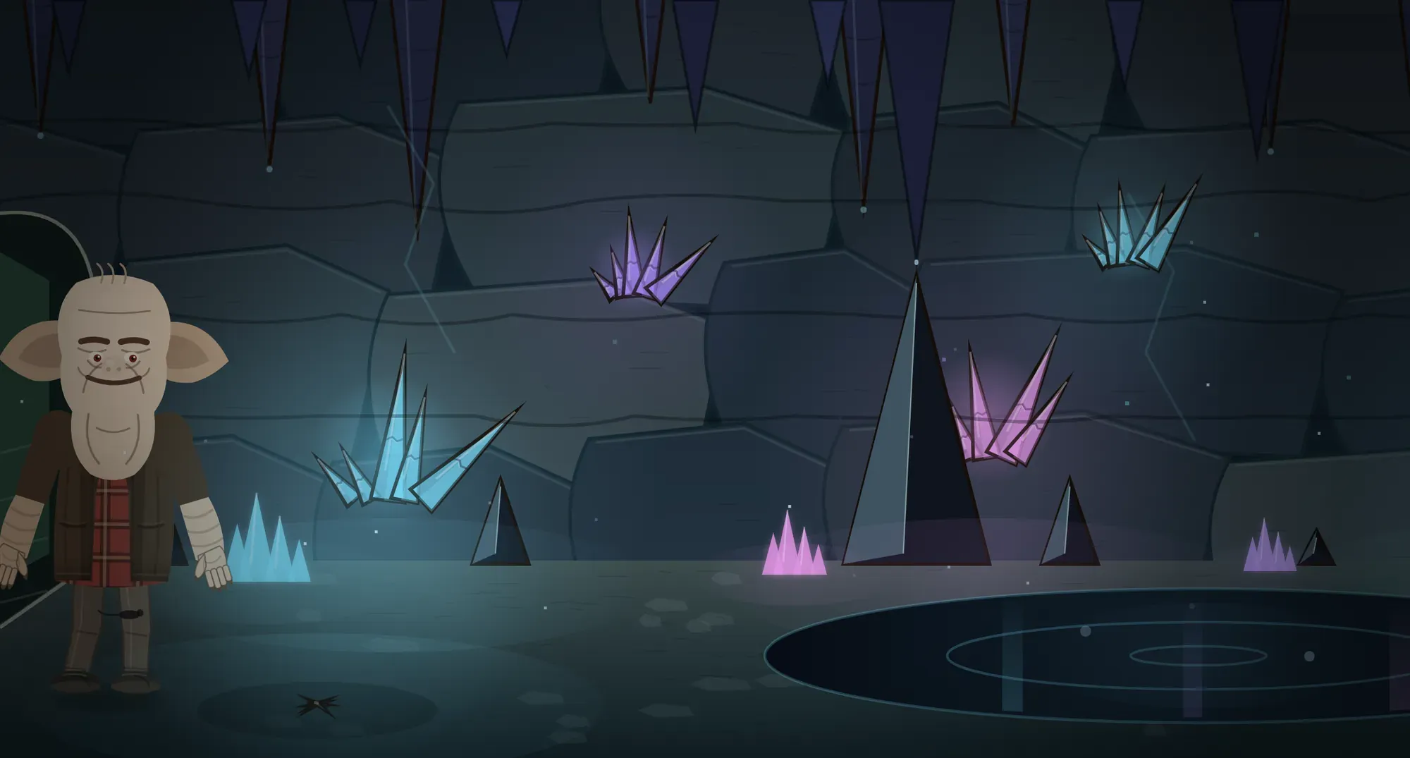 An underground cave with purple and blue crystals rising from a pool