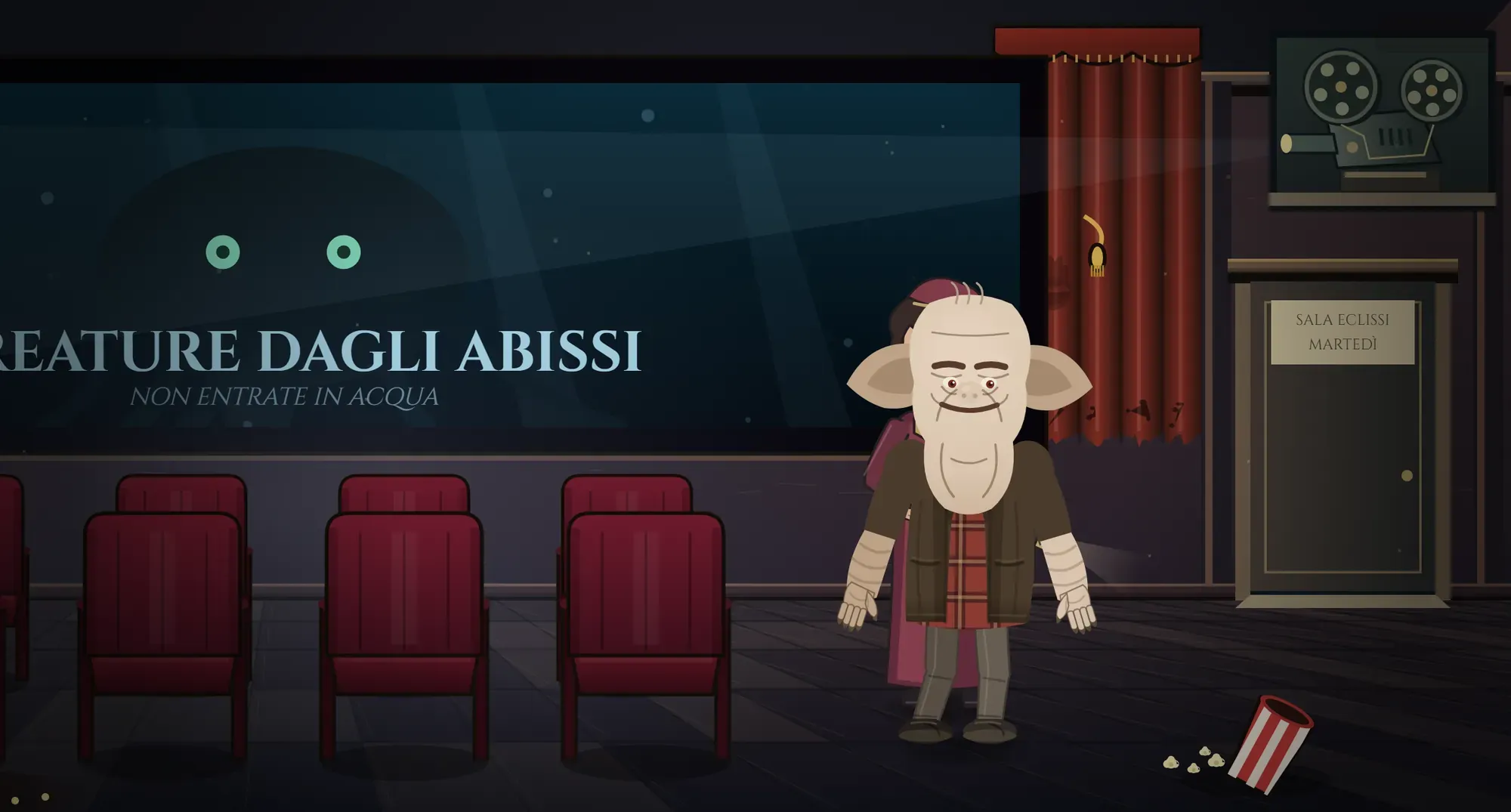 A cinema auditorium with red seats and the film "Creature dagli abissi" on screen