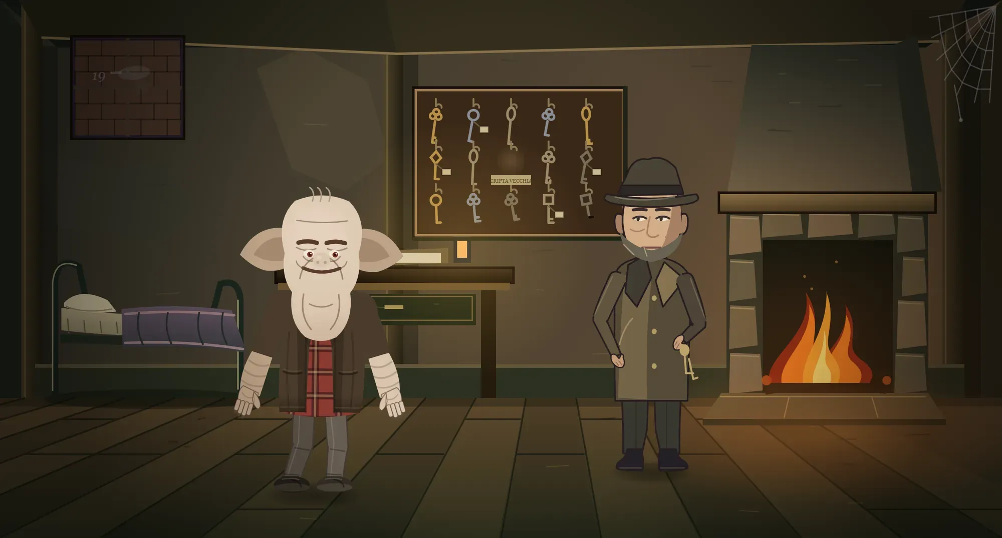 An interior with a wall of hanging keys, a lit fireplace and the caretaker beside it