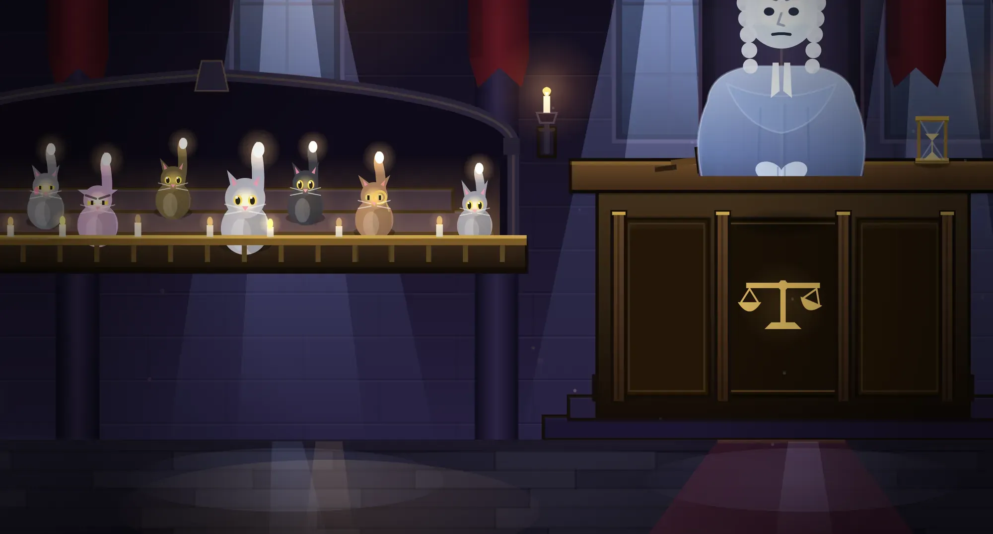 The jury of the Occult Court: eight cats on a bench, tails raised, lit by candles