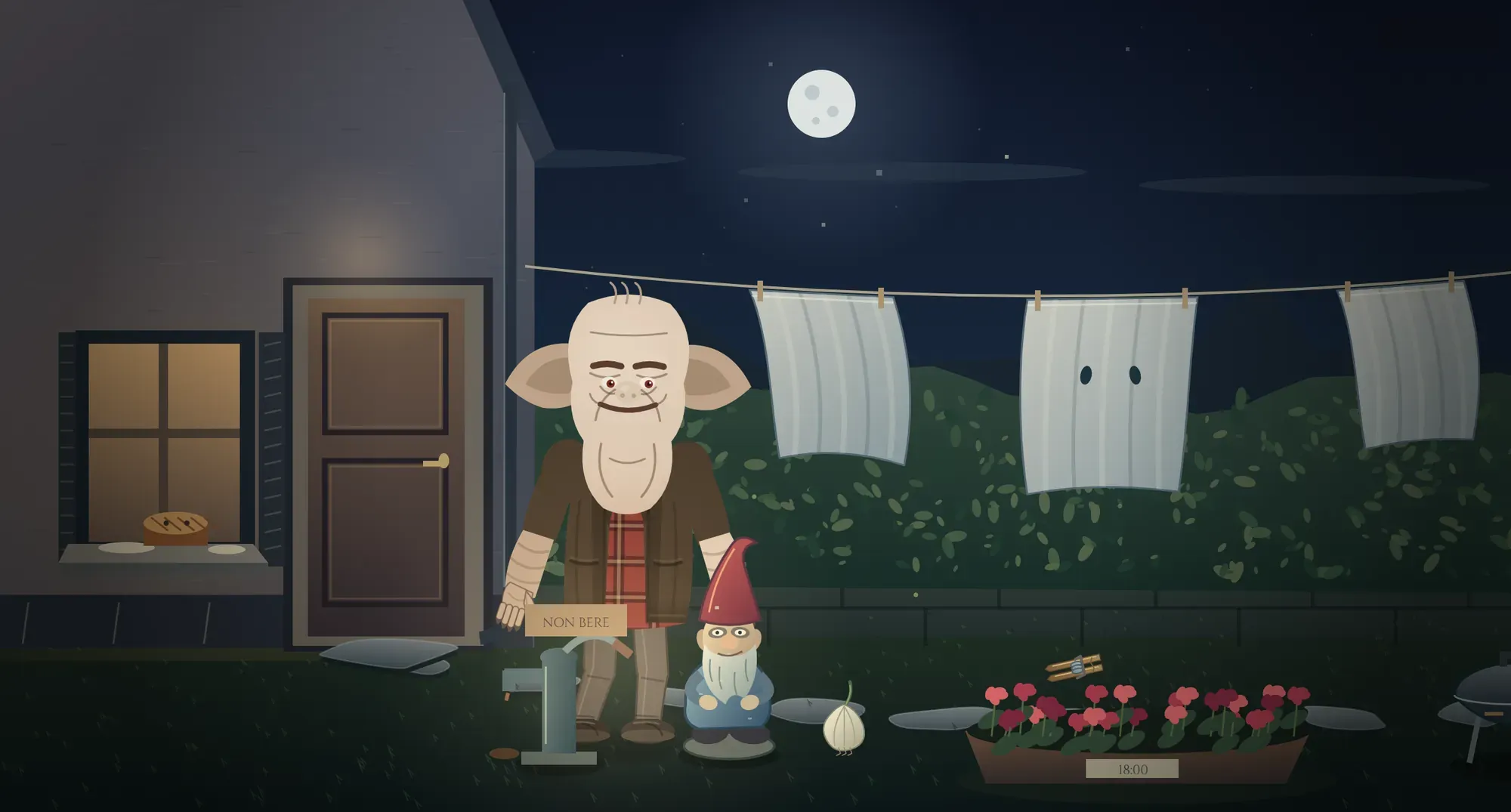 A garden at night with sheets on the line that look like ghosts