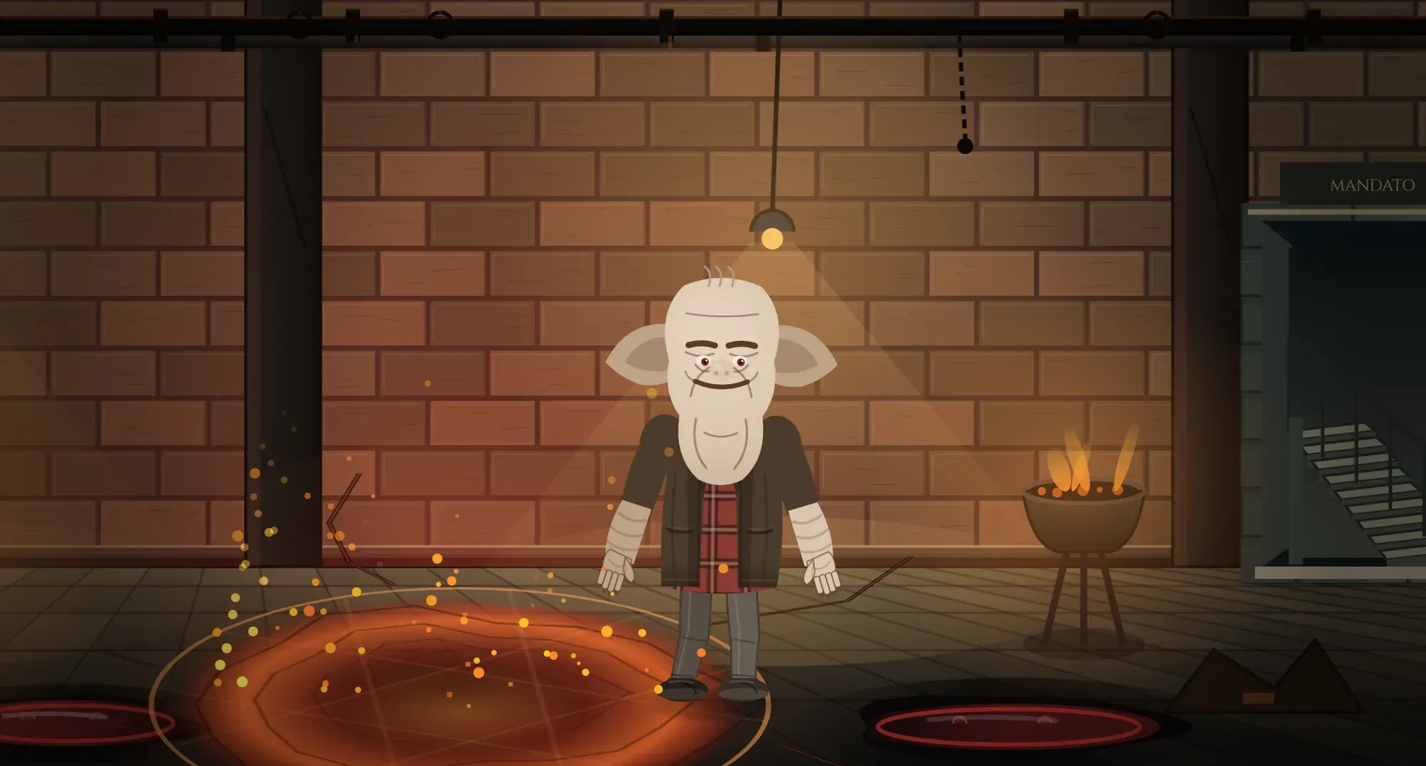 A basement with a glowing chasm in the floor and embers rising from it