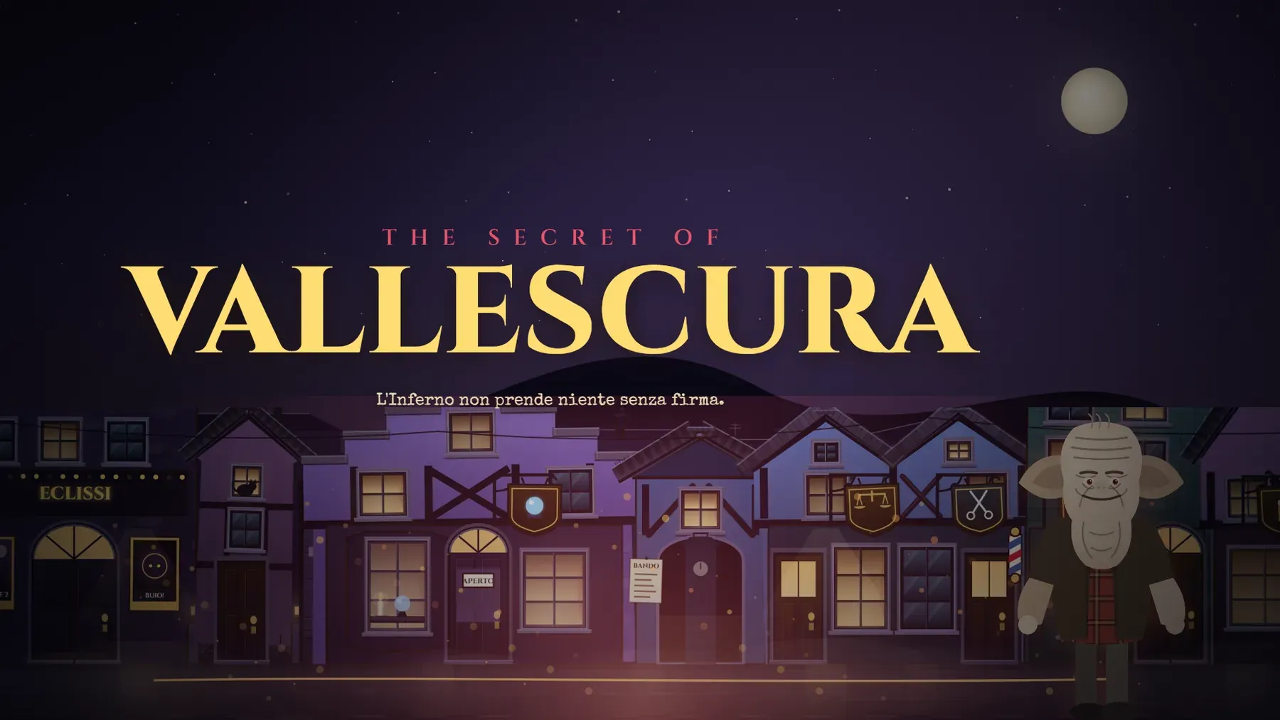 Vallescura at night: the lit signs of the main street above a red glow rising from under the cobbles