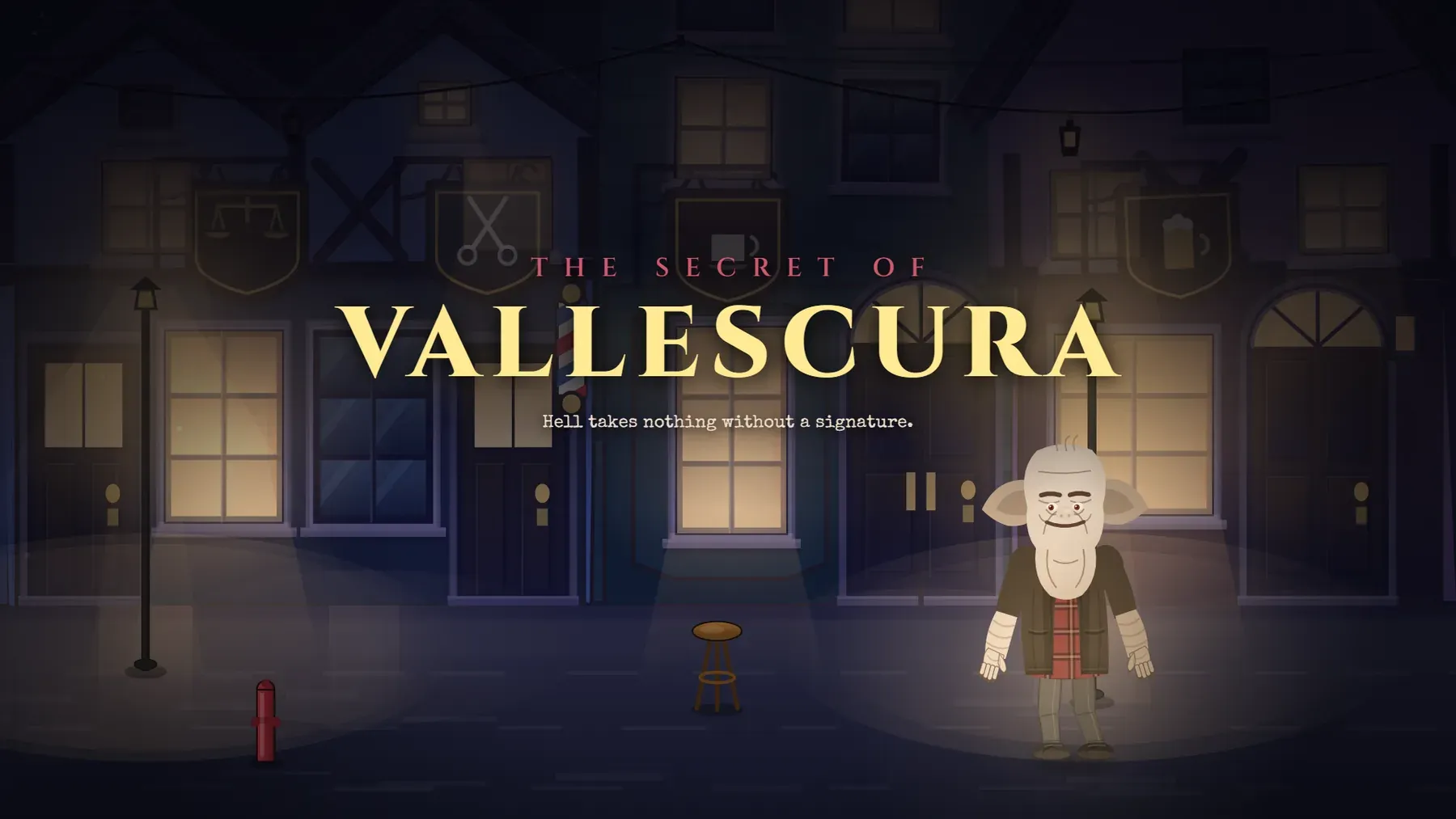 Vallescura at night: the lit signs of the main street above a red glow rising from under the cobbles
