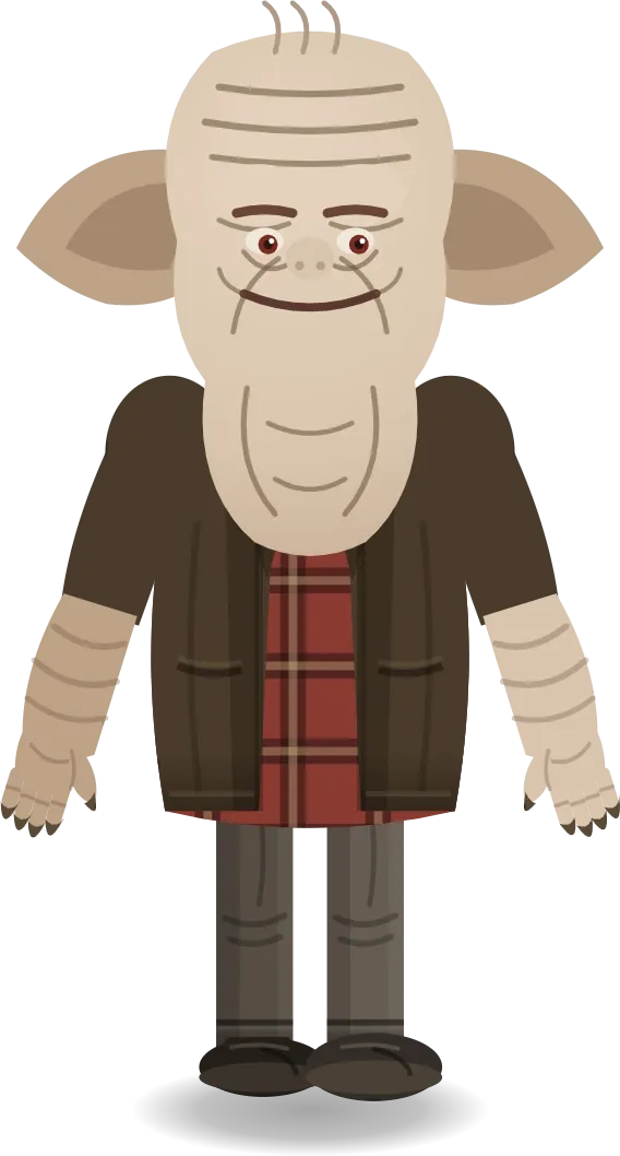 Klem, a loose-skinned demon, in the foreground in front of the town