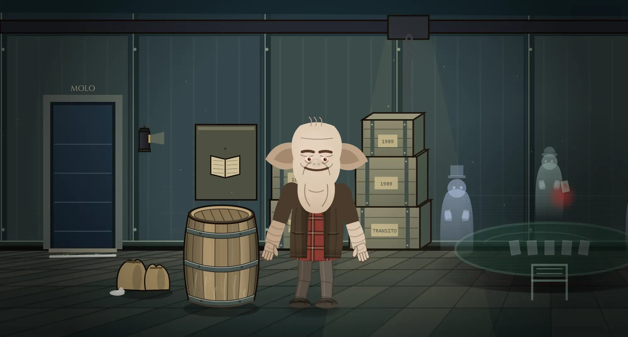 A dark warehouse with crates, nets and three spectral figures around a table