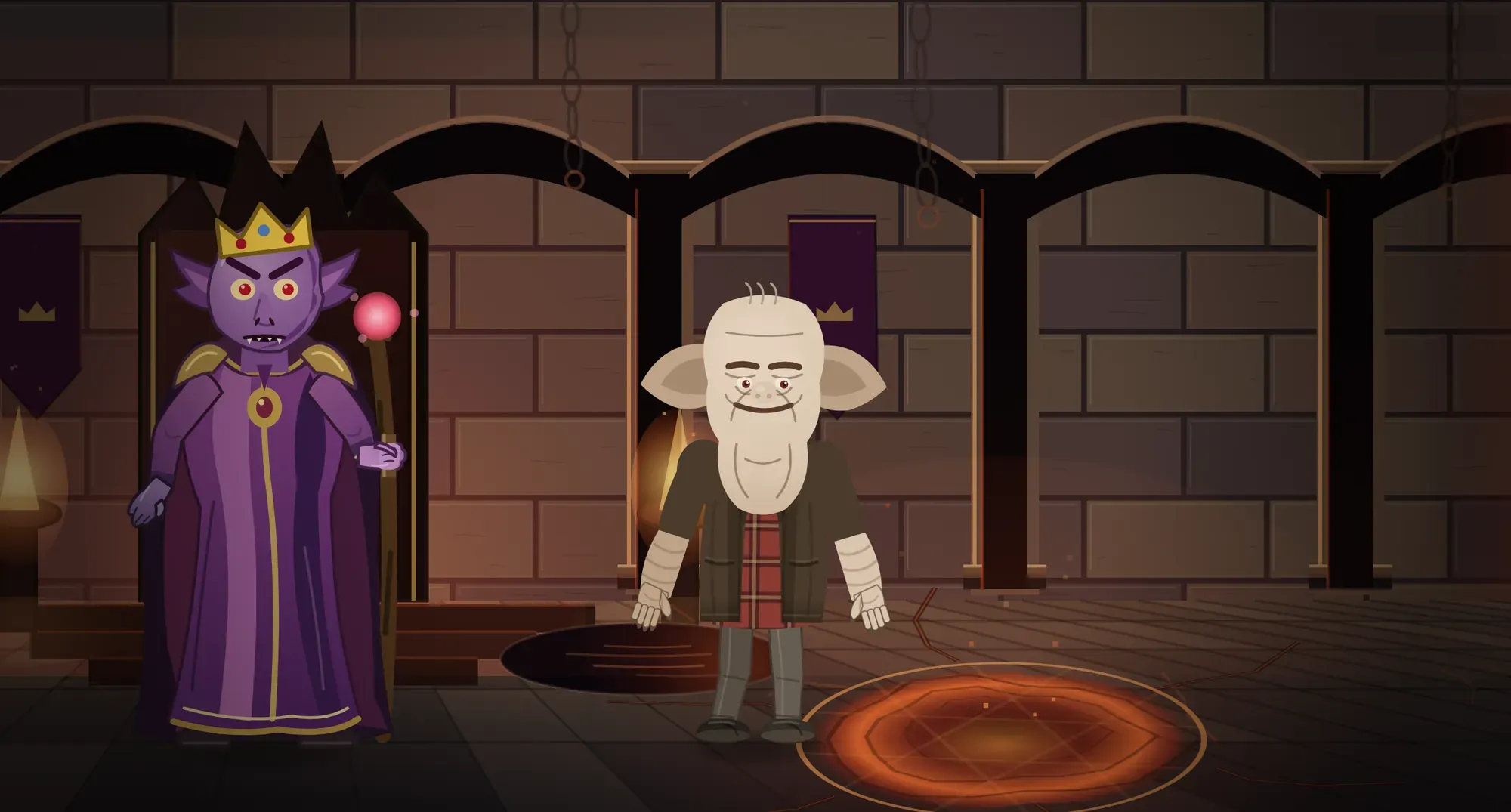 Malacoda on his throne in the underground court, in front of a ring of embers