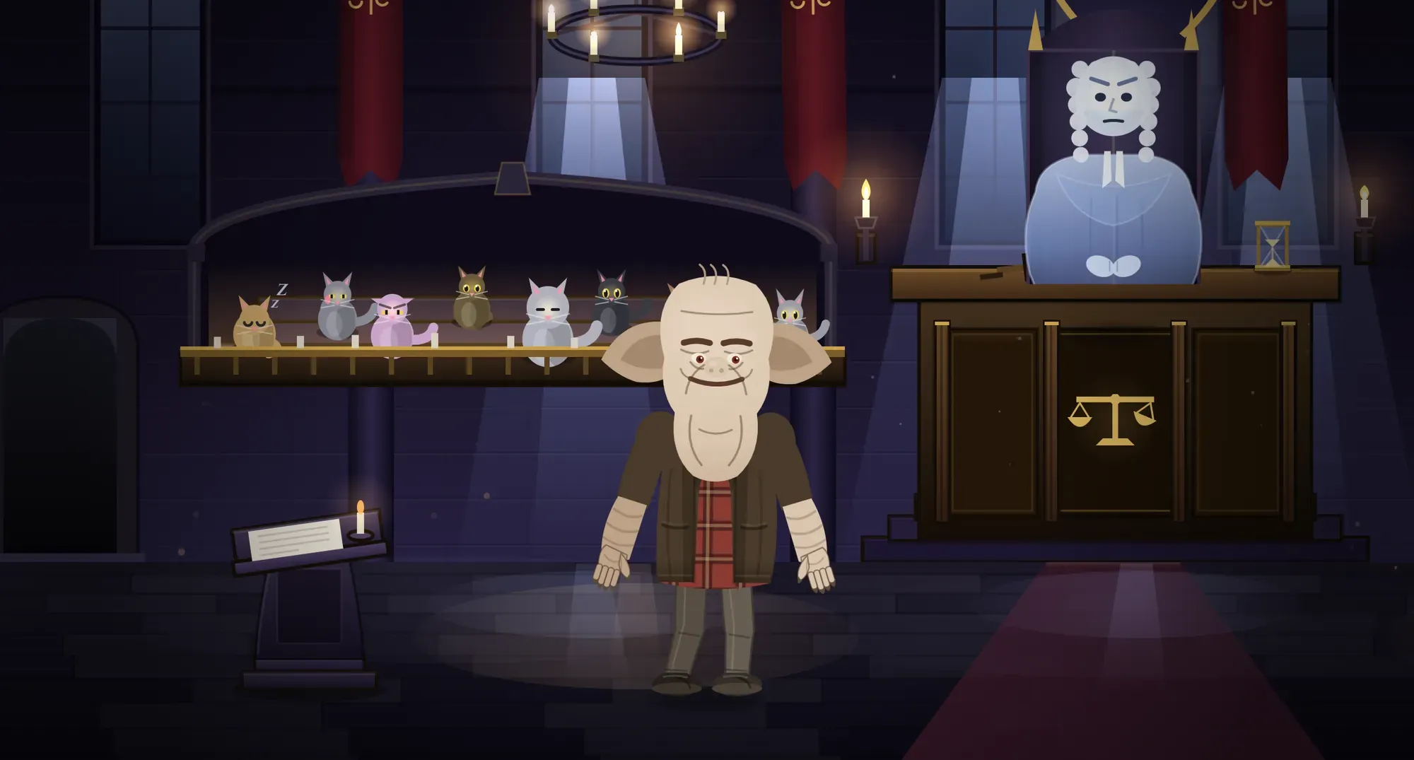 A courtroom with a spectral judge behind the bench and a row of cat jurors